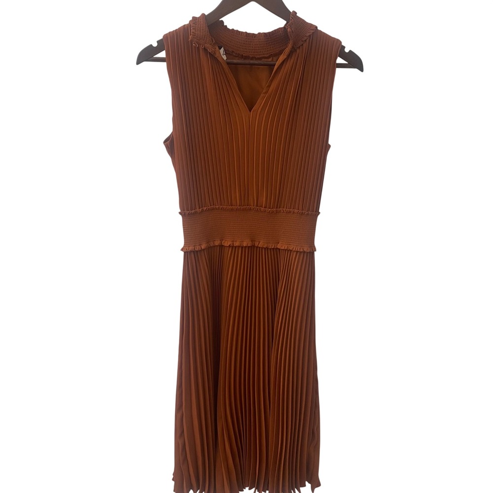 Nanette Lepore Burnt Orange Pleated Smocked Midi Dress Rust Sleeveless Size 6‎